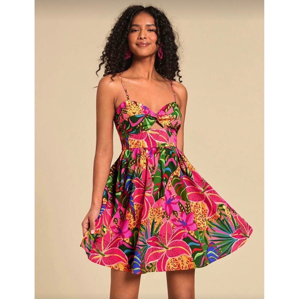 Tropical Floral Leopard Print Cutout Mini Dress Pink Green Orange Large